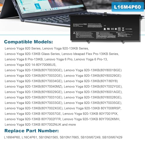 Image of L16C4P61 L16M4P60 Laptop Battery for Lenovo Yoga 920 920-13IKB 920-131KB 920-13IKB-80Y7 80Y8 81TF Ideapad Flex Pro-13IKB Yoga 6 Pro-13IKB 5B10N01565 5B10N17665 SB10W67429 5B10W67249 7.68V-70Wh