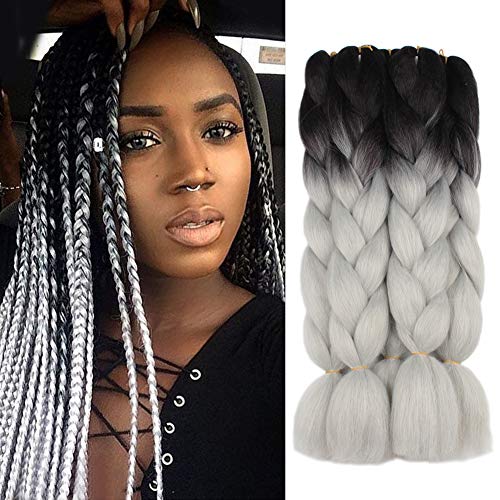 5 Pieces 2 Tone Ombre Braiding Hair Crochet Braids Synthetic Hair Extensions 24 Inch (Black/Light Gray#, 5pcs/Lot)