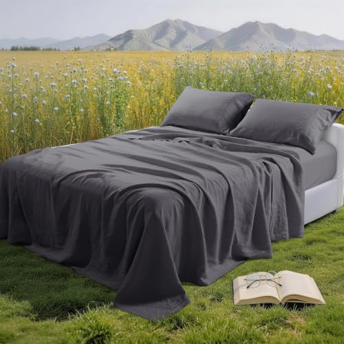 Image of 100% Pure Linen Sheet Set for Hot Sleepers, Breathable Natural Linen Sheets 4pcs, Bedding Set Deep Pocket Up to 16 inch Moisture-Wicking, Softens with Every Wash (Dark Gray King)