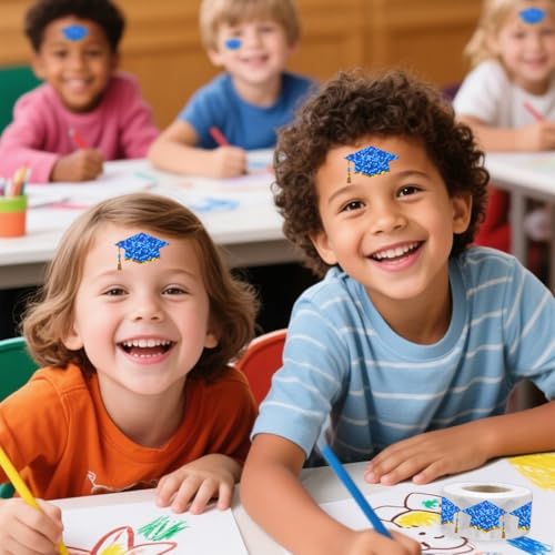 Image of 500Pcs Graduation Cap Stickers Roll 1.2in Glitter Grad Stickers Blue with Gold Rim Label Tag Self-Adhesive Classroom Reward Waterproof Decals for Envelope Bottle Decor