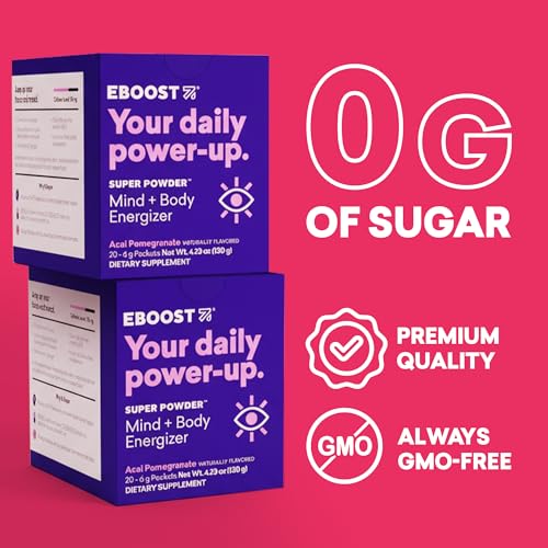 Image of EBOOST SUPER POWDER Drink Mix - Acai Pomegranate 0.2 oz 20 Pack Hydration Energizer Electrolytes Powder - 13 Vitamins & Minerals - 110 mg Caffeine - 0 Added Sugar - No Artificial Flavors or Sweeteners