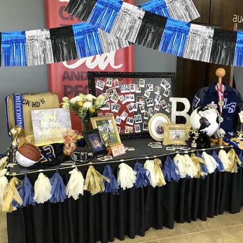 Image of BEISHIDA Black Blue Silver Fringe Garland Banner Wall Tinsel Foil Streamers | 3Pack,30ft,Hanging Shiny tinsel Metallic garland for graduation,Car floats,Bridal shower,Wedding,Birthday,Halloween,Christmas