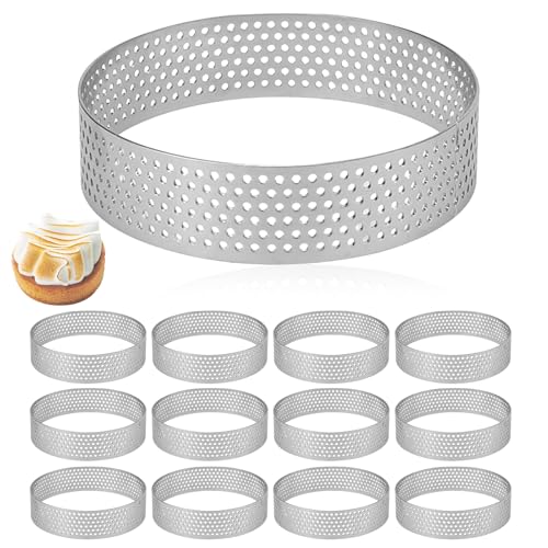 Set of 12 - 8cm Perforated Tart Rings, Non-Stick Stainless Steel Pastry Moulds for Baking Muffins, Cakes, and Mini Desserts