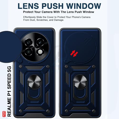 Image of AESTMO Tough Armor Realme P1 Speed Bumper Back Case Cover | Ring Holder & Sliding Camera Shield Cover | 360 Degree Protection Back Case Cover for Realme P1 Speed (Blue)