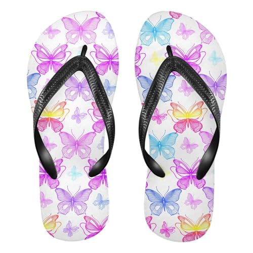 Sinestour Purple Butterflies White Flip Flops for Beach Thong Sandals Anti-slip Lightweight Beach Slippers for Summer Swim Travel
