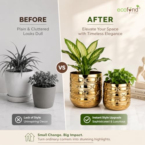 Image of ecofynd 2 Pack Metal Plant Pots (5 inch, 6 inch), Indoor Small Planter Flower Pots, Home Garden Decor Planter for Living Room Bedroom Interior (Gold Finish, POT056)