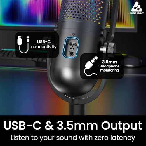 Image of Audio Array AM-C47 RGB USB Condenser Mic Kit | AI Noise Cancellation, 192kHz /24Bit Studio Quality, Touch Control, Headphone Monitoring | Podcasting, YouTube, Gaming & Streaming | Mac /PC & Mobile