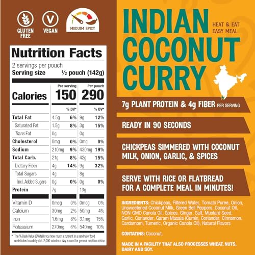 Image of The Good Bean Heat and Eat Pouch - Indian Coconut Curry - (4 Pack) 10 oz Pouch - Simmered Chickpeas with Coconut Milk - Pre-Cooked Beans with Good Source of Plant Protein and Fiber