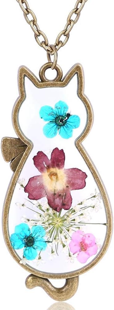 Jewelers Retro Vintage Cat Shape Dry Flower Charm Pendant Necklace
