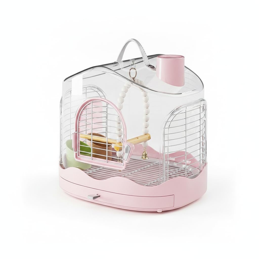 Harilla Gabbia Trasportino Portatile per Uccelli Gabbia da Viaggio Contenitore per Volatili Box per Pappagalli Chiusura Antifuga, Rosa, Gabbia per uccelli 986 - Rosa + Altalena + Posatoio