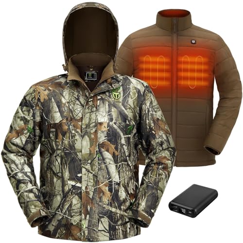 TIDEWE Men’s Heated Jacket 3-in-1 with Hood and Battery Pack, Heated Coat for Hunting, Skiing