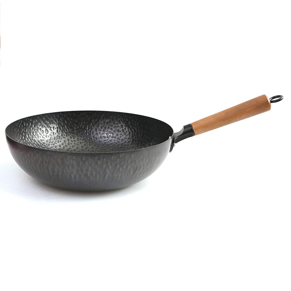 Sin Recubrimiento Wok Pan, 12,5 Pulgadas (Wok De Fondo Plano De 32 Cm) - Hecho De Hierro Puro Wok Martillado A Mano, Apto Para Cocina De Inducción, Gas Electrico Y Natural