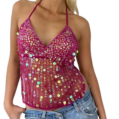 XIXIMAON Débardeur à Paillettes Femme Haut Sexy à Sequins Brillants Top Dos Nu Col en V sans Manches pour Soirée Disco Fête Y2K Clubwear (Rose Rouge, S)