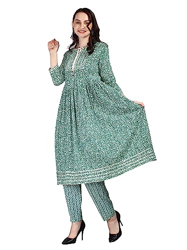 Image of Women's Green 100% Pure Cotton Flared Kurta Pant Set With Big Size Dupatta