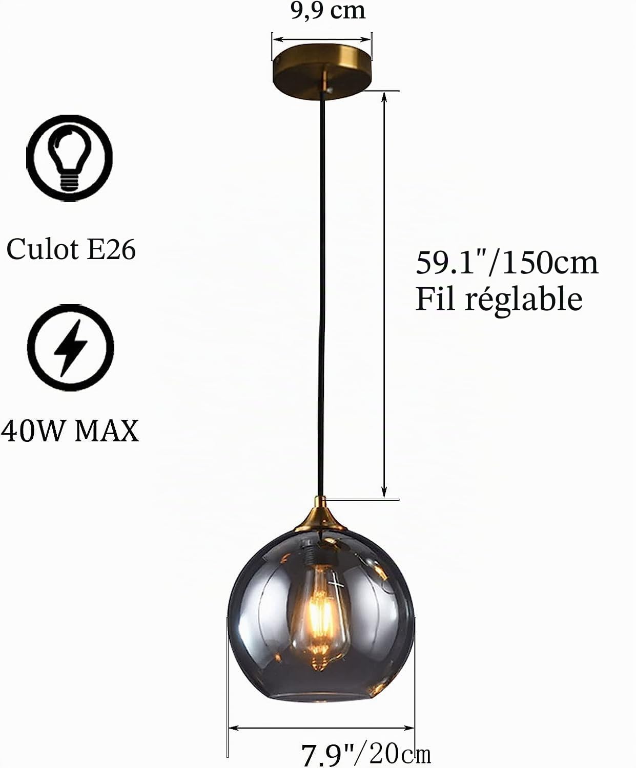 Lampe Suspendue Noire Moderne, Boule de Verre fumé, Plafond de Ferme, Lustre Industriel Vintage en Verre ambré chromé pour Salle à Manger, Cuisine, île, Restaurant, Bar, café