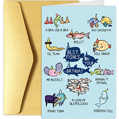 Divertida tarjeta de cumpleaños temática de peces, tarjeta de feliz cumpleaños para él y ella, bonita tarjeta de juego de palabras de cumpleaños de peces, los mejores deseos en tu cumpleaños