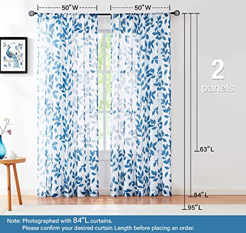 Image of Navy-Blue Sheer Curtains Living Room 84 inches Length Floral Leaves Printed on White Semi Sheer Drapes for Bedroom Privacy Linen Textured Window Panels for Guest Room Office Studio, 2 Panels