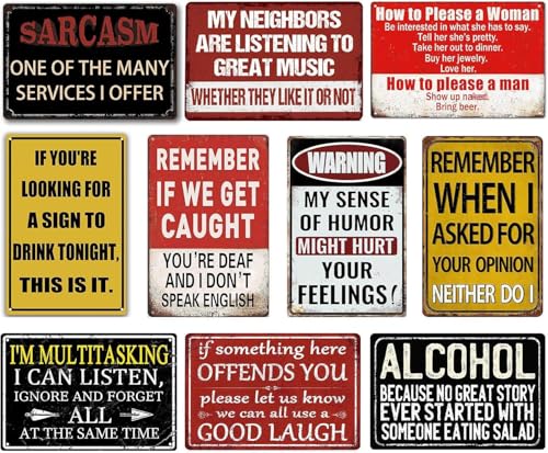 Funny Bar Signs for Home Bar Wall Art - Man Cave Decor Garage Signs for Men - Vintage Bar Metal Tin Signs 10-Piece Set - Basement Pub Wall Decor Gifts 8x12 Inch