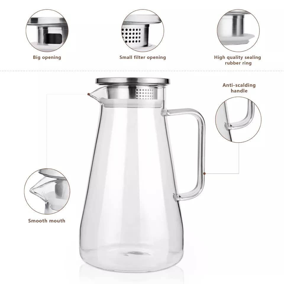 Image of Borosilicate Glass 1.8 LTR Water Jug with Handle, Juice Beverage Carafe with Stainless Steel Lid, Big Glass Iced Tea Pitcher, 1 Pcs Set (Borosilicate 1.8 Liter BOTOM Square)