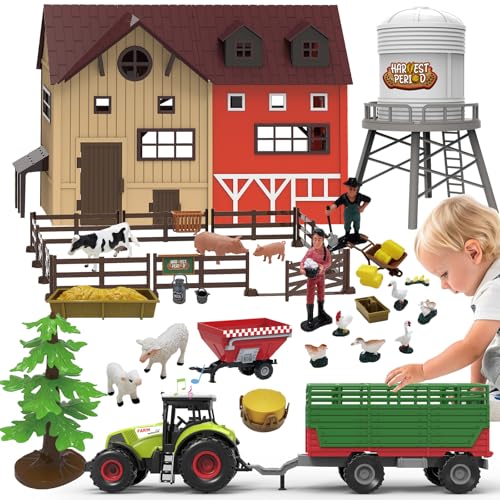 weedamaiy 109PCS Farm Animals Toys Set Comes with Barn, Rice Storehouse, Rice Trolley with Lights & Sounds, Milking shed, Farmer, Fence - Playset for Kids Toddlers Boys Girls 3 4 5 6 7 Years Old