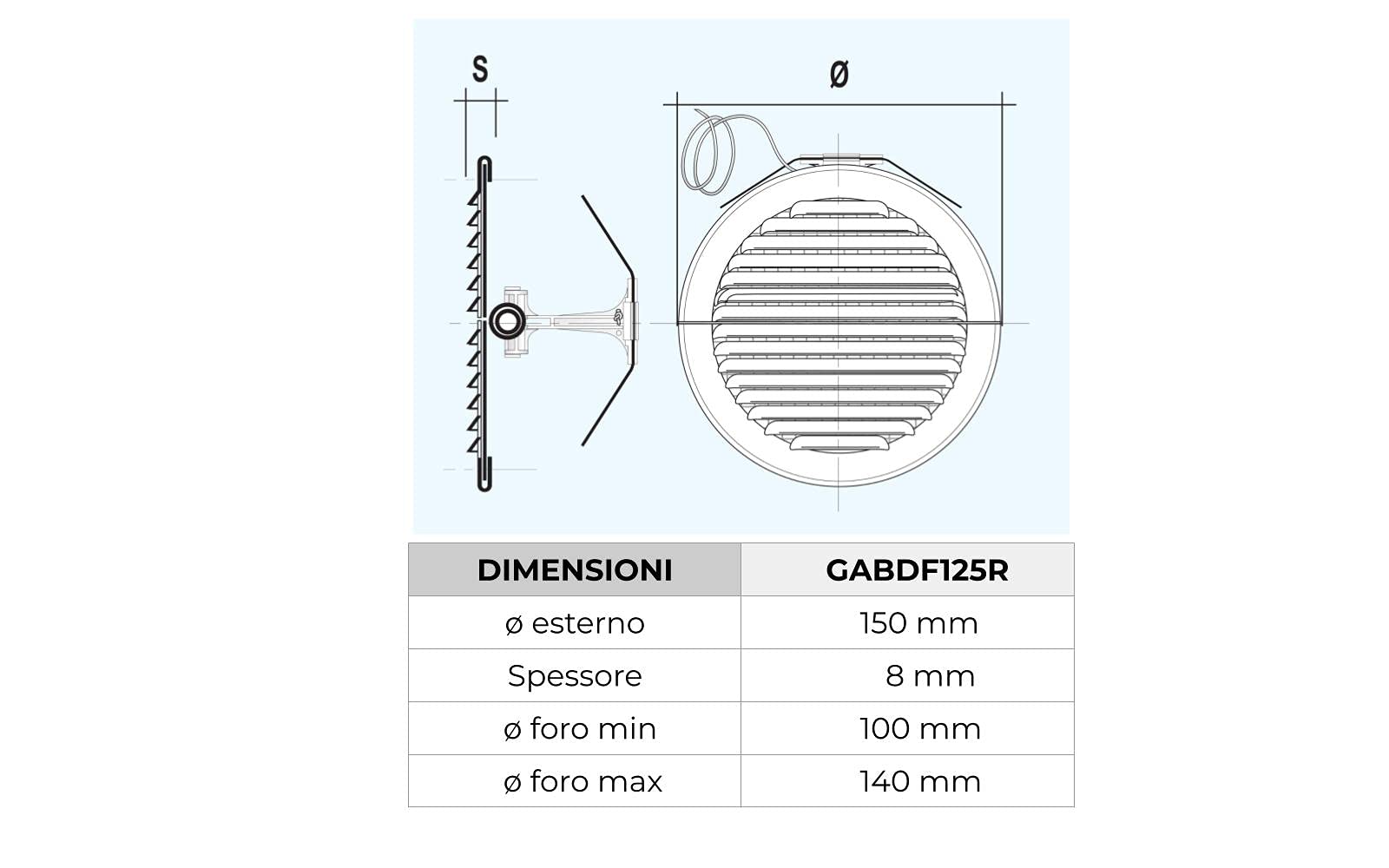 La Ventilazione GABDF125R - Rejilla de ventilación redonda plegable de aluminio lacado blanco con red antiinsectos, diámetro 150 mm