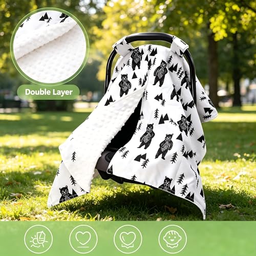 Image of TANOFAR Carseat Covers Baby Boy & Girl, Peekaboo Opening Infant Car Seat Cover for Winter, Warm & Cozy, Bear