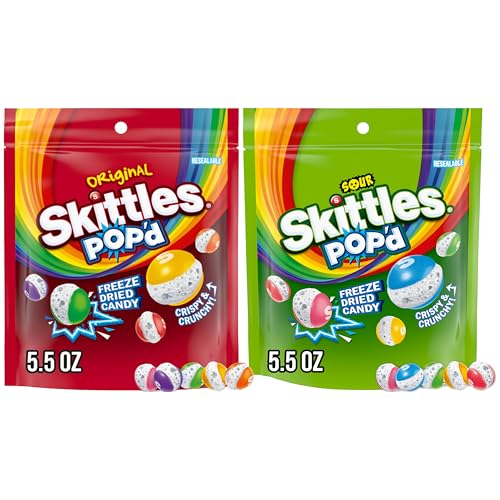 SKITTLES POP'd Freeze Dried Candy Original and Sour Candy Bundle, 5.5 Oz Resealable Crunchy Candy Bag, Pack of 2