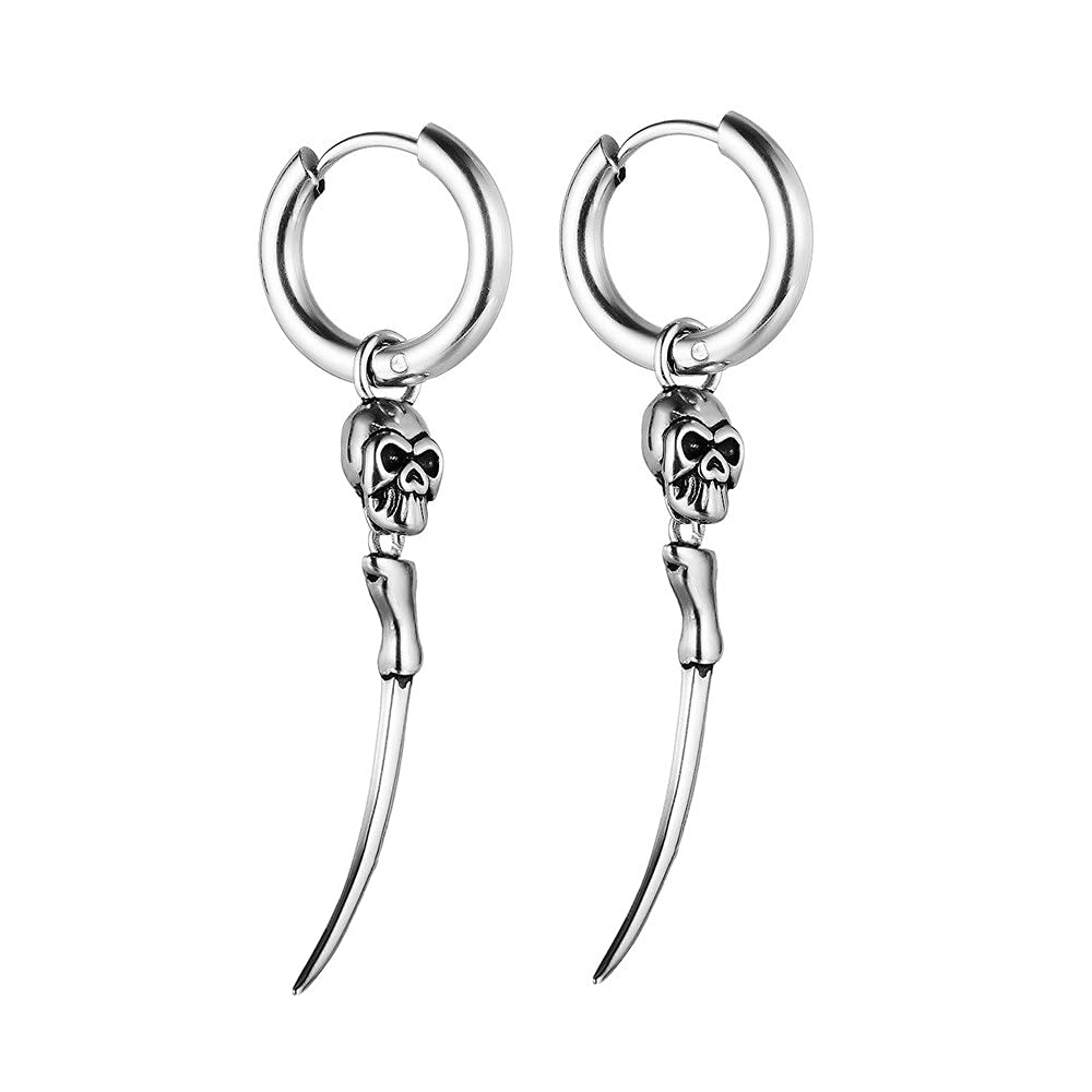 DtjaVintage Skull Spike Dangle Hoop Earrings for Women Girls Men Stainless Steel Drop Dangling Small Hoops Earring Punk Hip Pop Personalized Hypoallergenic for Sensitive Ear