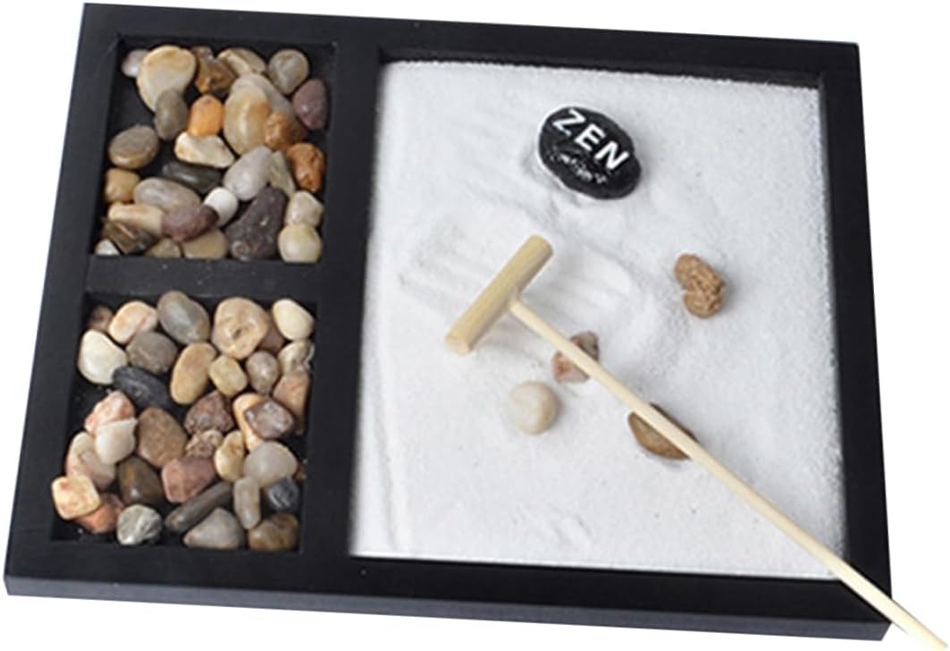 Japanese Zen Garden Miniature Landscape Tray Desktop Meditation Sand Table Decoration Rake and Rocks for Office Decor and Relaxation