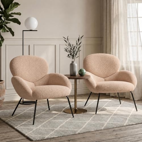 Image of Accent Chairs Set of 2 for Living Room, Boucle Fabric, Camel | Modern Accent Chair with Cloud Backrest, Soft Textured Boucle Fabric, Small Reading Chair for Sunroom, Reception Area