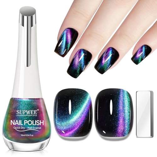 SUPWEE Cat Eye Nagellack mit Magnet, 16ML Schnelltrocknend Cat Eye Nail Polish Ohne UV Lampe Chamäleon Nagellack Holografisch Magnetisch Maniküre Oil Based Nail Polish DIY Salon