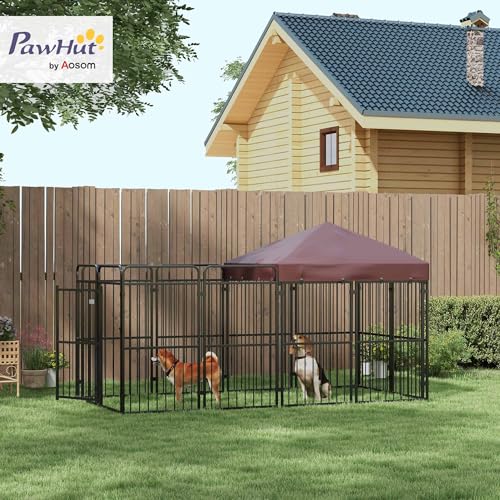 PawHut Zwinger für Hunde im Freien, Hundezwinger mit wasserdichtem Anti-UV-Dach, Metallkäfig für große Hunde, 282x141x159cm, braun