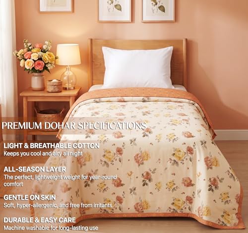 Image of HOMEKART Luxury Cotton Dohar Blanket for Single Bed | Ultra Soft Reversible AC Quilt | Floral Printed Lightweight Summer Blanket | 58x88Inches (Rose Aura)