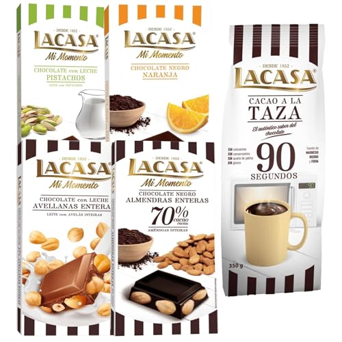 Pack 5 tabletas chocolate lacasa:taza 90 segundos 350g,leche avellanas 100g,negro naranja 100g,leche pistacho 90g,negro almendra 200g