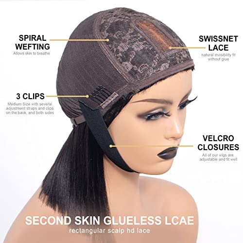 Yasgrl 12" Light Yaki Straight Human Hair Bob Wig With Bangs Realistic Look Hd Lace Glueless Wigs Blunt Cut Short Black Bob Wigs With Bangs 100% Brazilian Human Virgin Hair Wigs 180 Density #TOP6