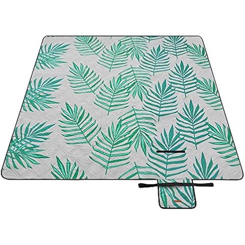 SONGMICS Picknickdecke, 200 x 200 cm, groß, Campingdecke, für Park, Garten, Strand, wasserdicht, maschinenwaschbar, faltbar, grau mit tropischem Farn GCM001G02 Cover