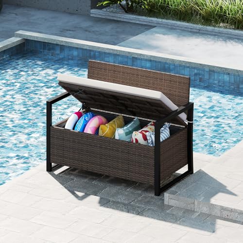 Image of Tangkula 40 Gallon Outdoor Bench with Storage, Patio Wicker Storage Bench with Cushion, Cover, Metal Frame, Deck Box Seat for Backyard, Poolside, Balcony, Garden