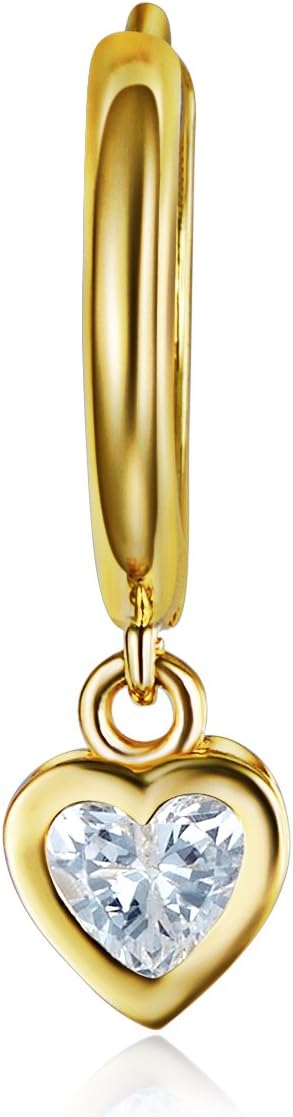 14k REAL Yellow Gold Fancy Huggie Dangle Heart Earrings (6 x 22mm)