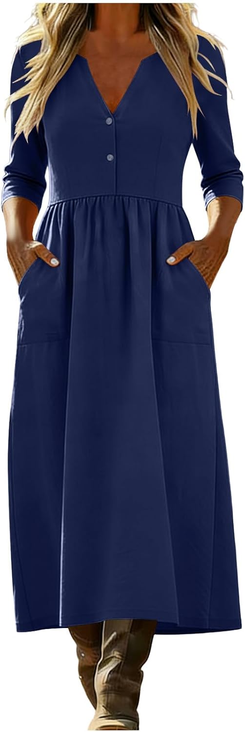 Womens Summer Cotton Linen T Shirt Dress Casual Loose Dresses V Neck Button Up Dress 3/4 Sleeve Maxi Dresses with Pockets - Image 8