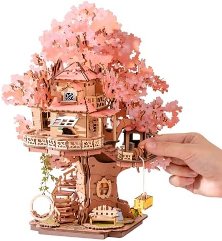 Rolife 3D Puzzle Sakura Baumhaus, Modellbausatz für Erwachsene aus Holz, 535-Teile schnappfester Holzmodell Puzzle mit glitzernden Kirschblüten, Handwerker & Homedekor