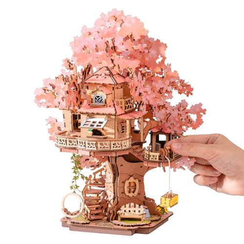 Rolife 3D Puzzle Sakura Tree House, Wooden Puzzles for Adults 535-Piece Snap-Fit Craft Model Building Kit with Shimmering Cherry Blossoms Decorative Display for Crafters Home Decor