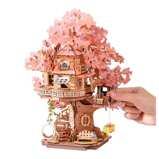 Rolife 3D Puzzle Sakura Baumhaus, Modellbausatz für Erwachsene aus Holz, 535-Teile schnappfester Holzmodell Puzzle mit glitzernden Kirschblüten, Handwerker & Homedekor