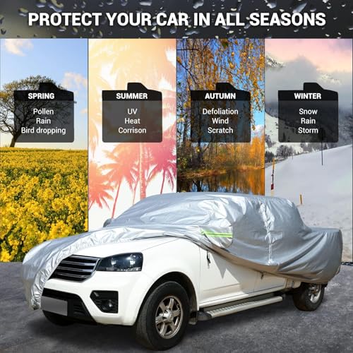Image of Tecoom Truck Car Cover Waterproof All Weather Breathable Light Shell with Door Zipper & Lock, UV Dust Sun Protection, Full Exterior Covers Automobiles Universal Fit for Tundra, Up to 212 inch Length