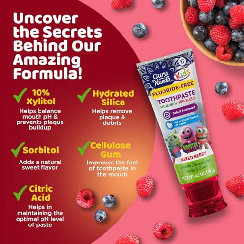 Image of GuruNanda Kids Toothpaste for Toddlers with 10% Xylitol - Fluoride-Free, Mixed Berry Flavor, Safe if Swallowed, Gentle & Safe for Young Teeth & Gums, 4.2 oz (Pack of 2)
