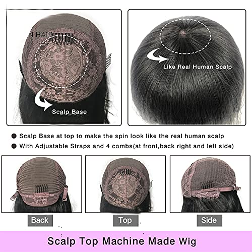 Short Wave Wig with Bangs Human Hair For Women Scalp Base Top Full Machine Made Wig With Bangs Remy Brazilian Wave Wig 200% Density Natural Color 10Inch