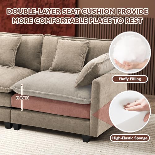 Image of Ihanherry 146 inch U-Shaped Modern Sofa Modular Sectional Luxurious and Comfortable with 2 Ottoman, 6-Seat Chenille Deep Seat Sofa with 6 Pillows for Living Room, Bedroom and Apartment, Sand