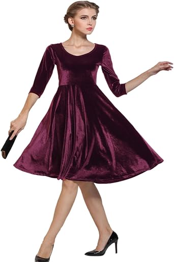 Womens Elegant Velvet 3/4 Sleeve Midi Christmas Party Dress Retro Rockabilly Swing Dress