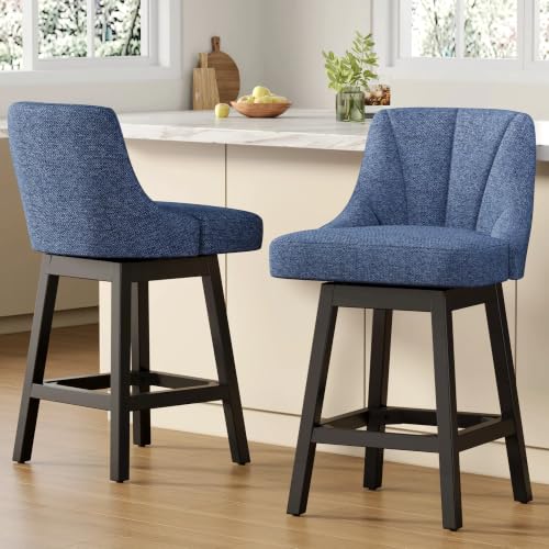 Image of YaFiti 26 inch Fabric Swivel Bar Stools Set of 2 with Back & Wood Leg,Navy Blue
