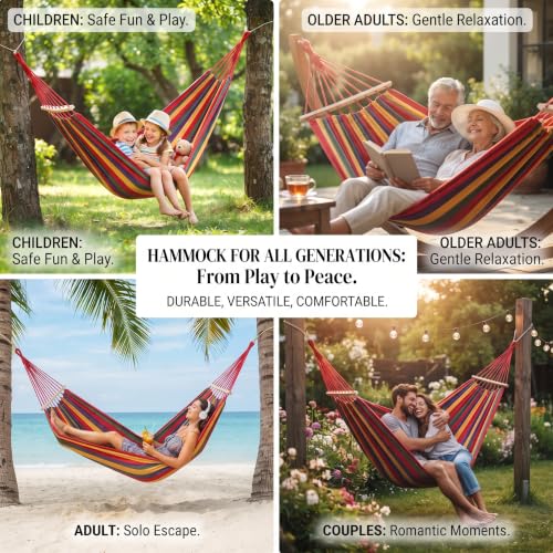 Image of Baskety Double Person Cotton Canvas Hammock with Spreader Bars, Ultralight Travel & Camping Swing Bed for Balcony, Garden, Outdoor & Beach - Max Load 200KG, Red (280 x 100 cm)