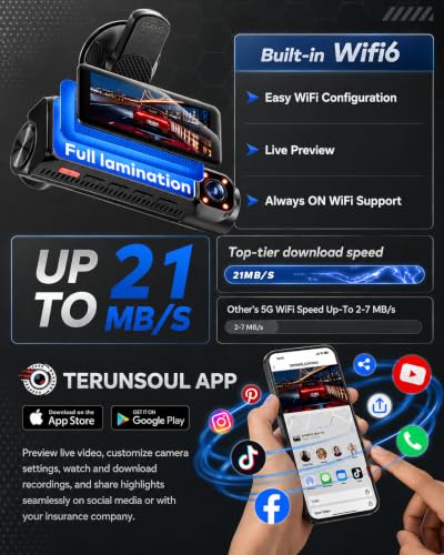 Image of 3 Channel 4K+4K+1080P Dash Cam Front and Rear with Cabin, Free 128GB Card, WiFi Up to 21MB /s, IR Night Vision, Starlight Night Vision, G-Sensor, 24H Parking Mode, Support 512GB Max, Clip